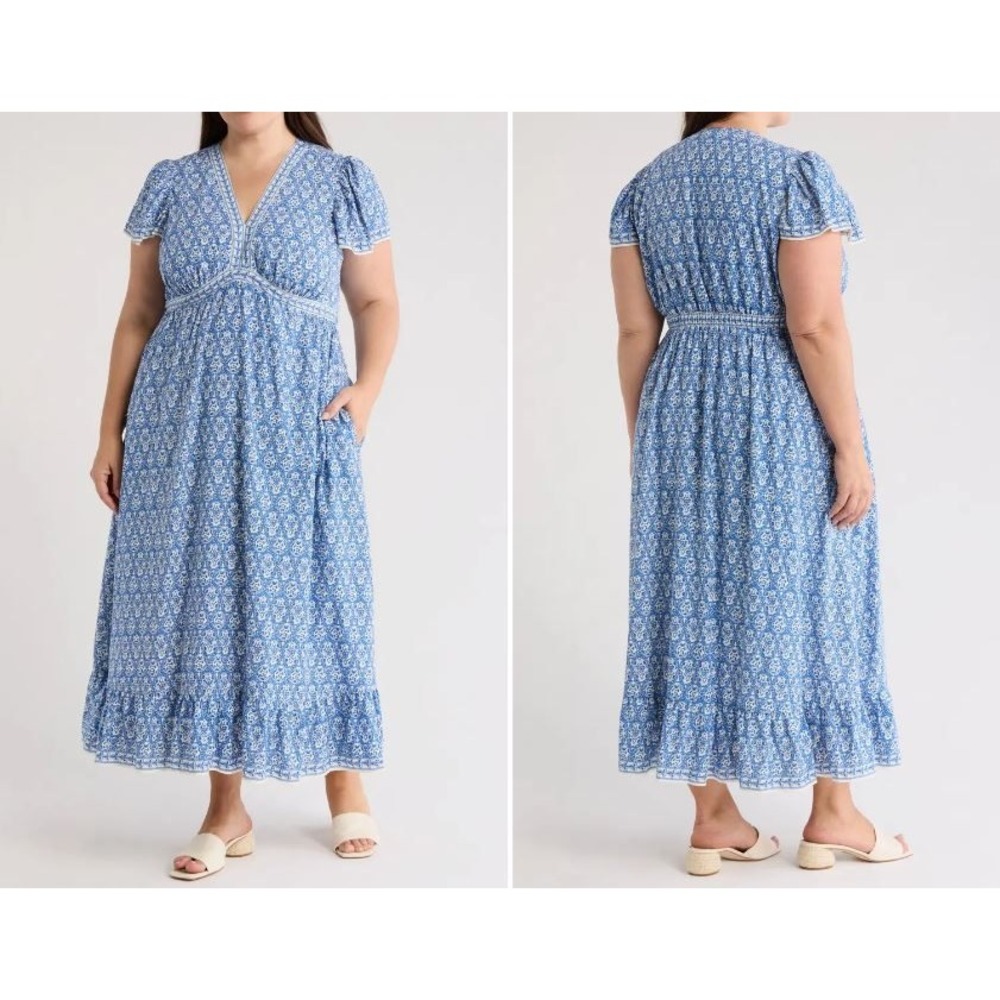 Max Studio London 2X Blue‎ White Floral Print V Neck Midi Dress Pockets Summer